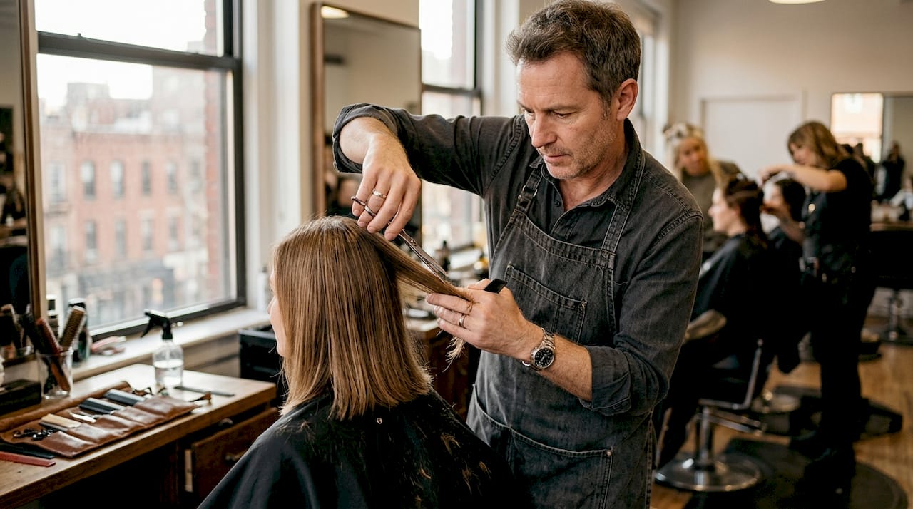 Salon stylist using shears on client’s hair