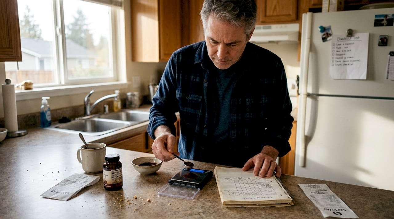 Man preparing microdosing dose in kitchen