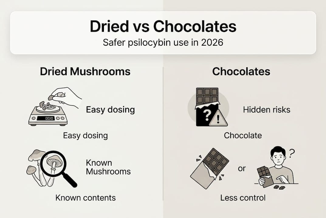 Infographic contrasting mushroom forms and safety