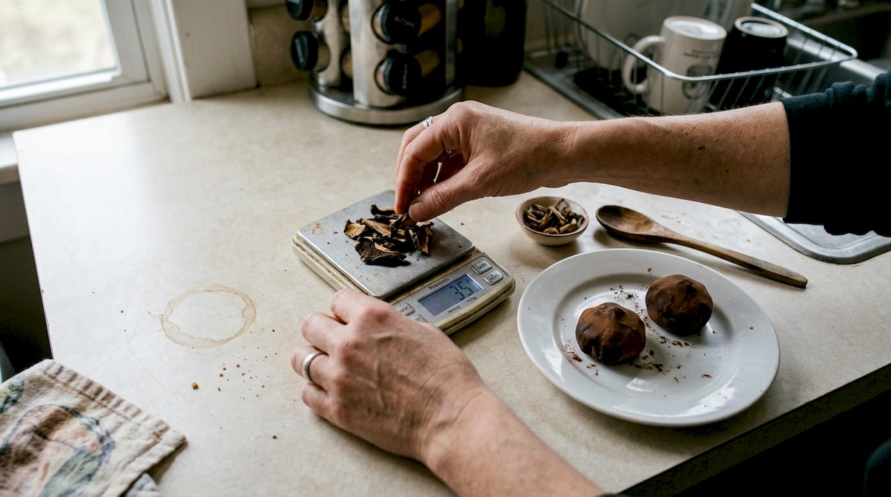 Hands weighing dried mushrooms for dosing