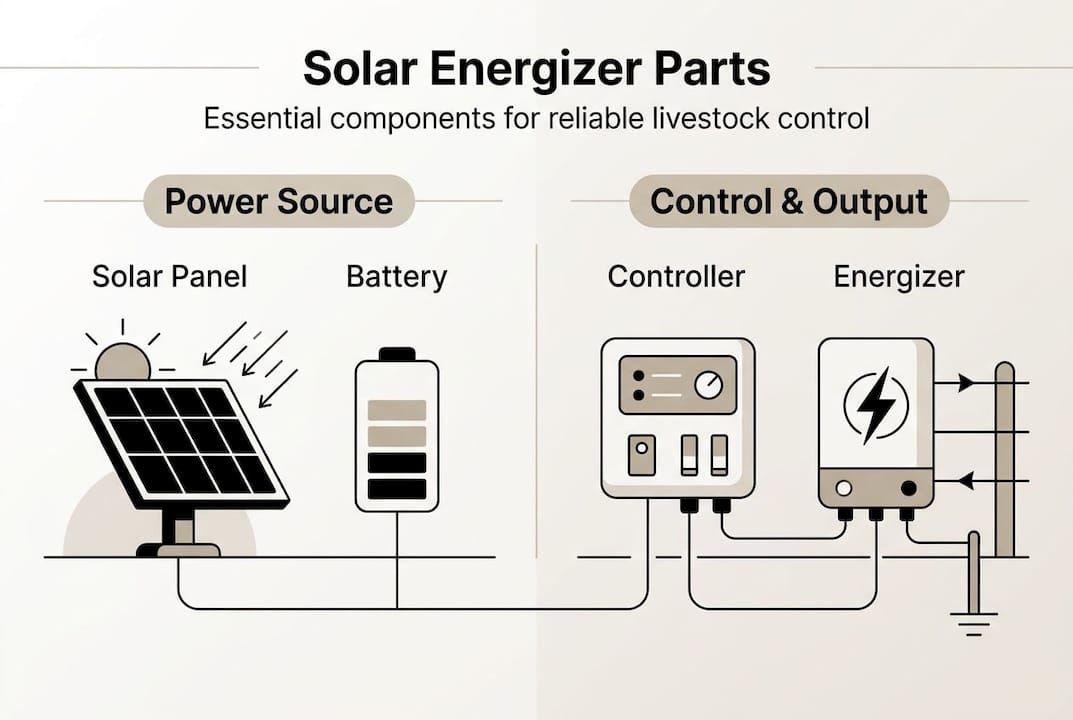 Infographic listing parts of solar fence energizer