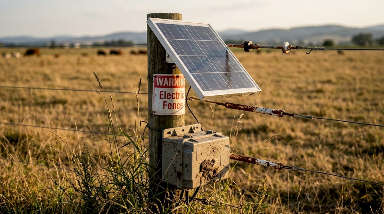 Solar panel mounted on livestock fence post