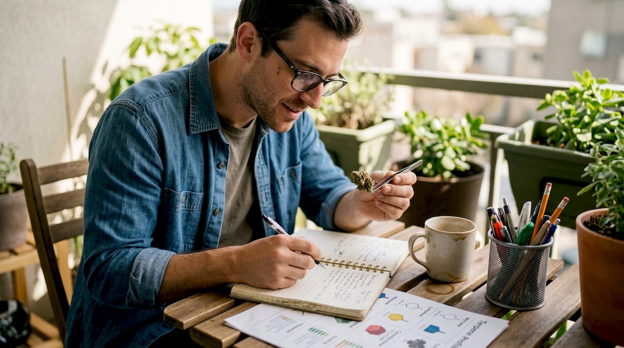 Examining cannabis flower and taking notes outdoors