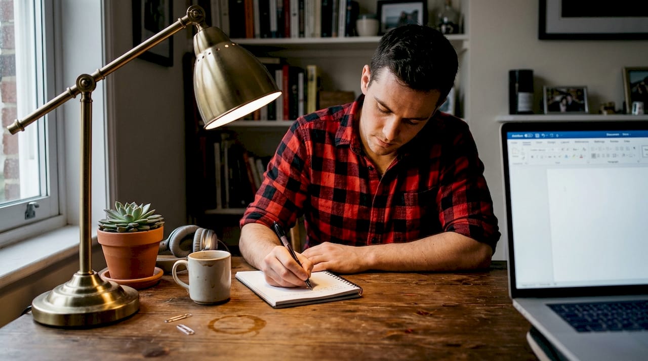 Man journaling ideas at cluttered home desk