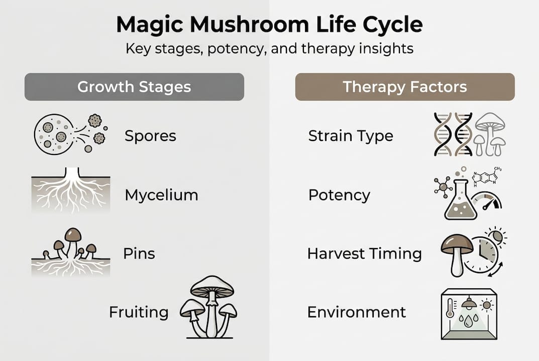 Infographic of mushroom life cycle and potency