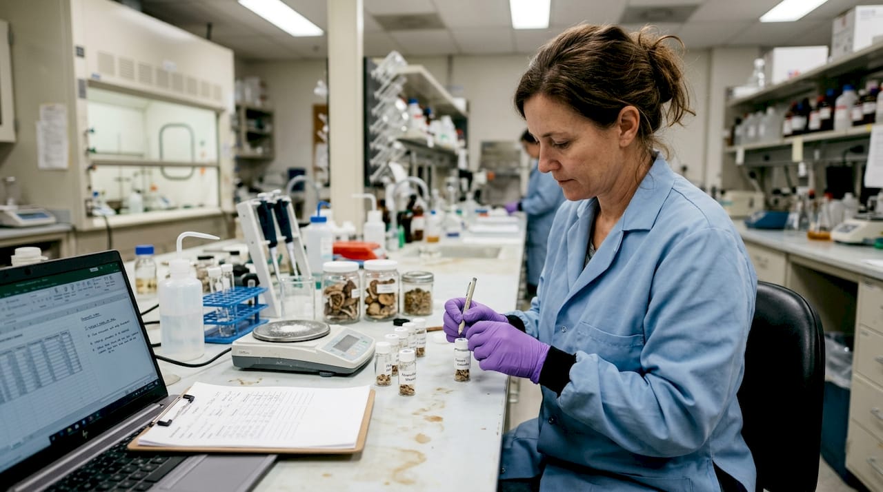 Lab technician labeling mushroom potency samples