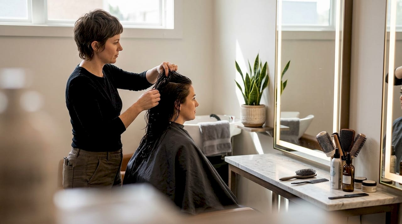 Hair artist preparing client in salon studio