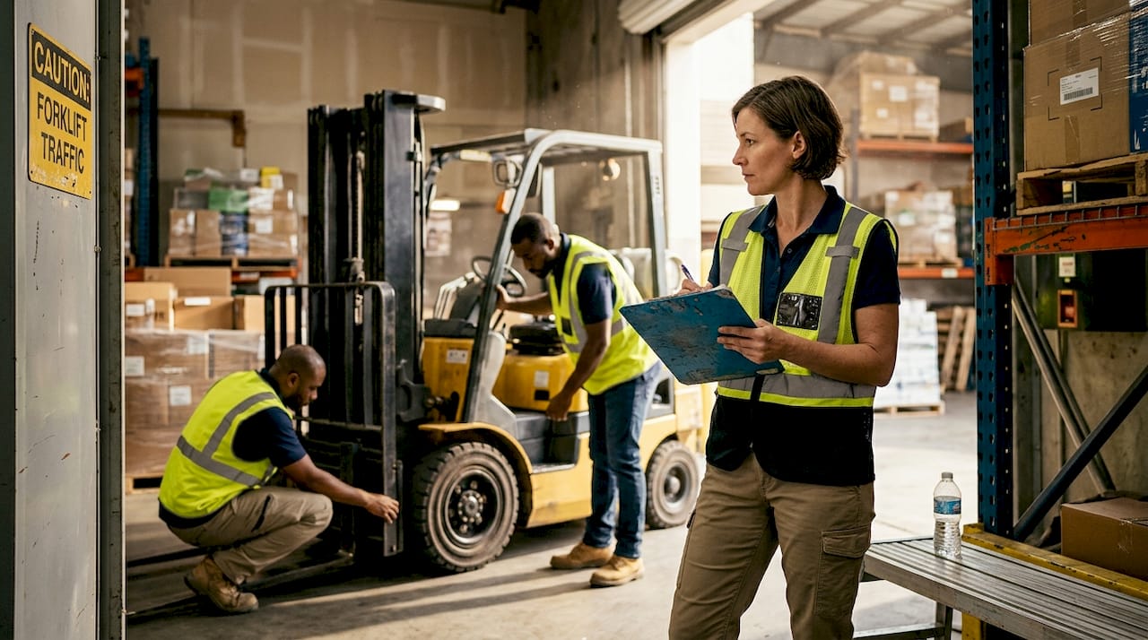 Safety manager inspects forklift safety checks