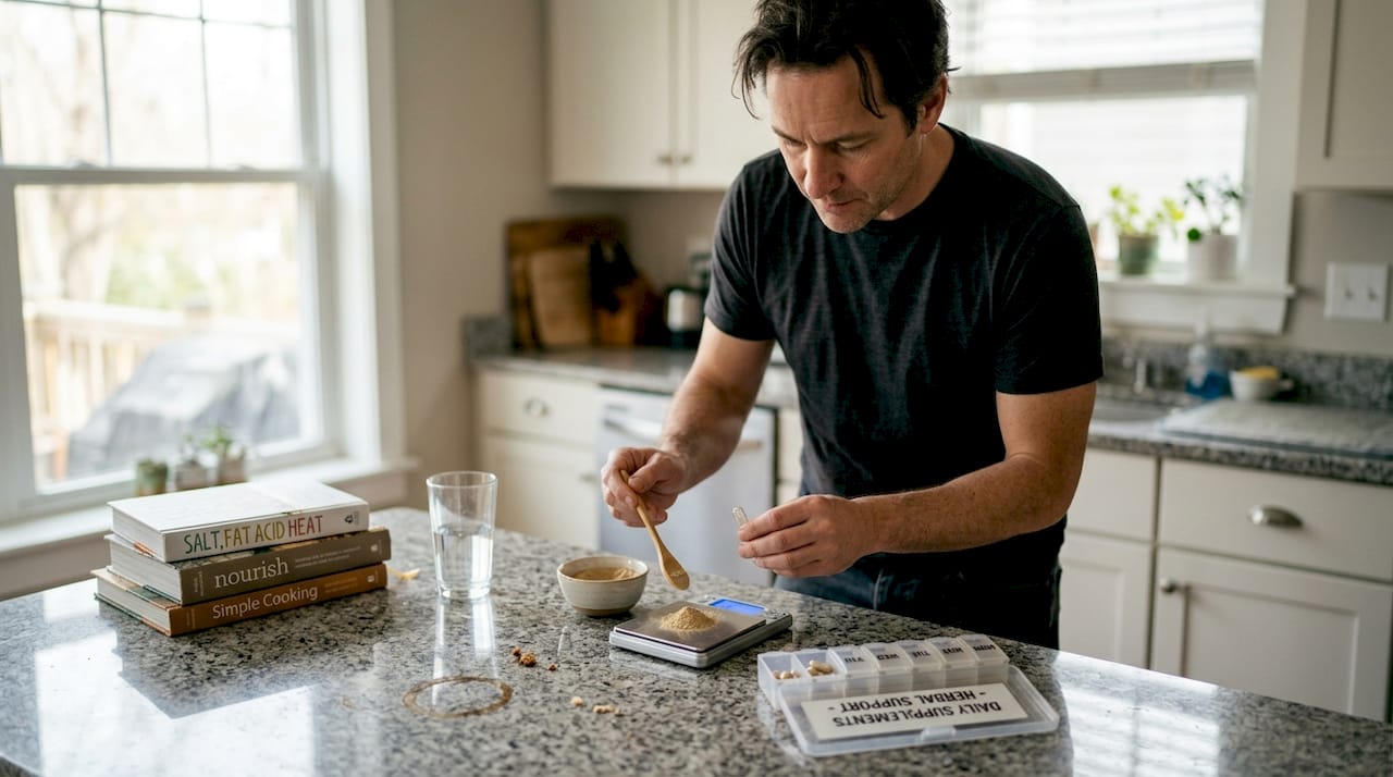 Man preparing microdose capsule in kitchen