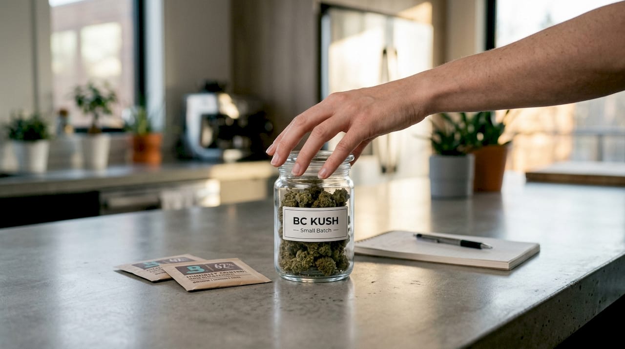 Hands sealing cannabis in glass jar on table