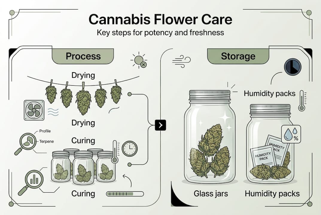 Infographic summarizing cannabis flower care steps