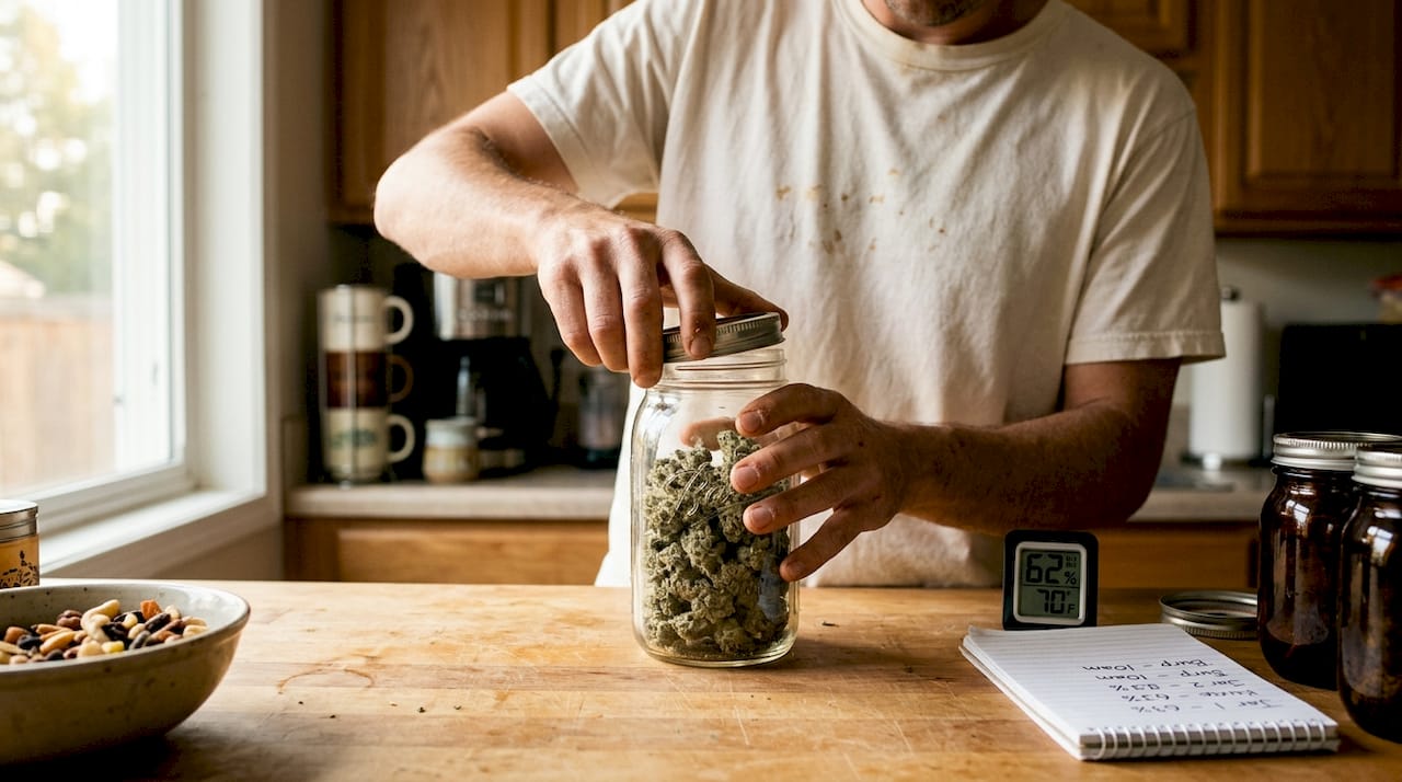 Hands opening cannabis curing jar in kitchen