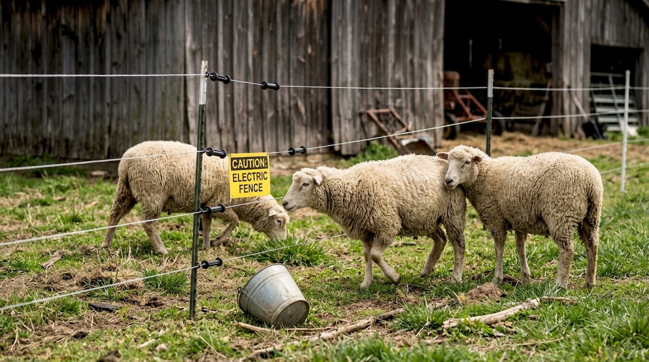 Sheep near high voltage electric fence