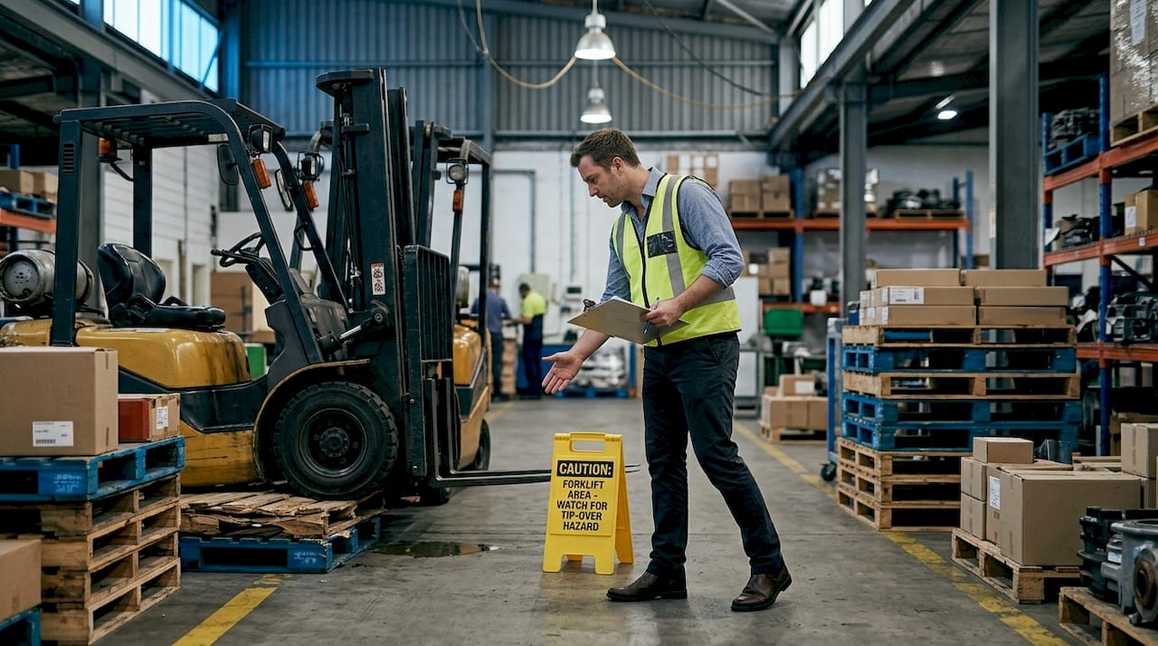 Warehouse worker illustrating forklift tip-over risk