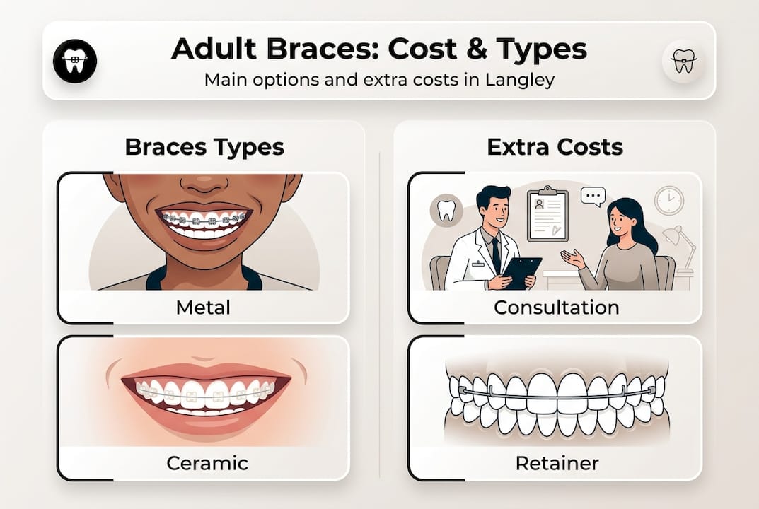 Infographic showing adult braces types and key costs