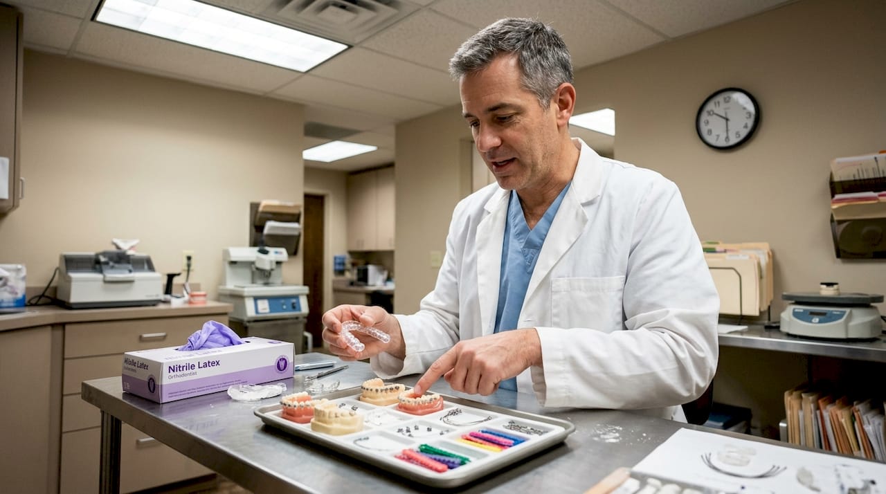 Orthodontist demonstrating different adult braces types