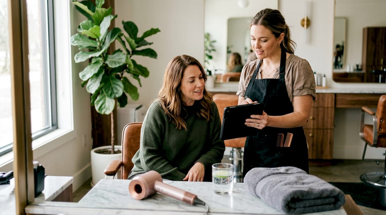 Client and stylist consultation in luxury hair salon