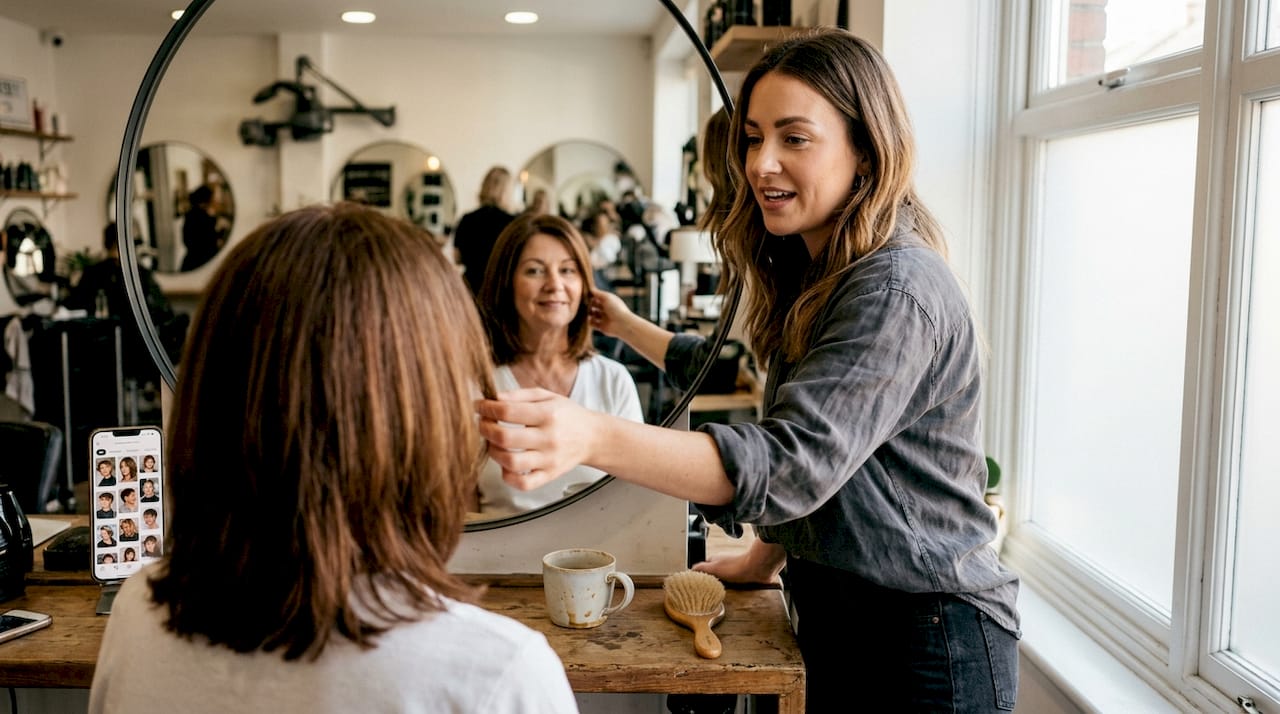 Stylist personalizing client’s hair in salon