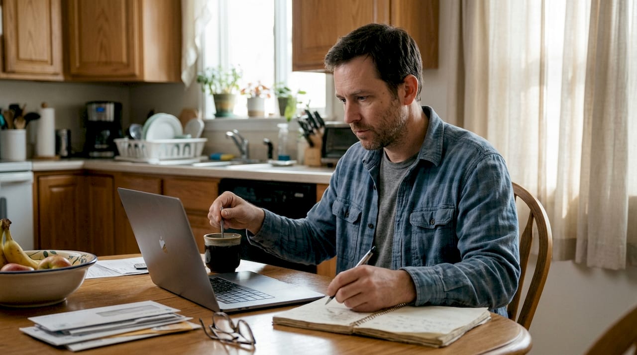 Man researching psilocybin tolerance at kitchen table