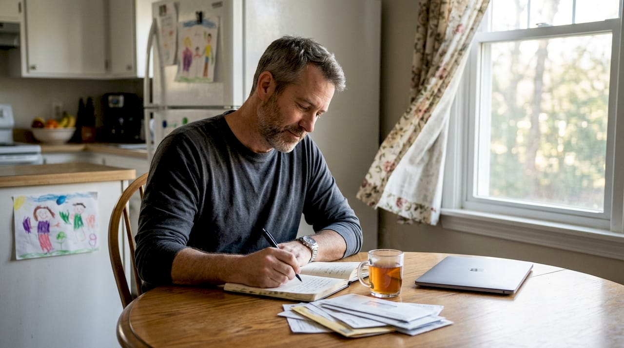 Man writing in gratitude journal Michigan home