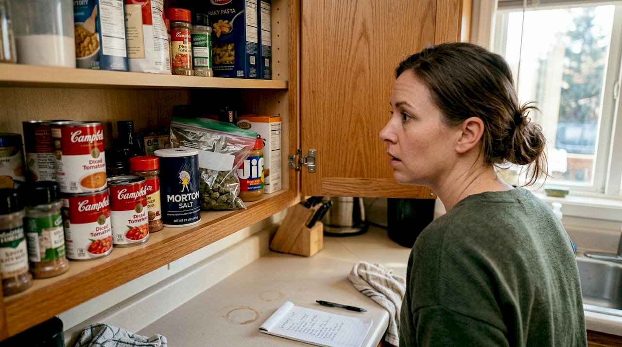 Improper cannabis storage in crowded kitchen cabinet
