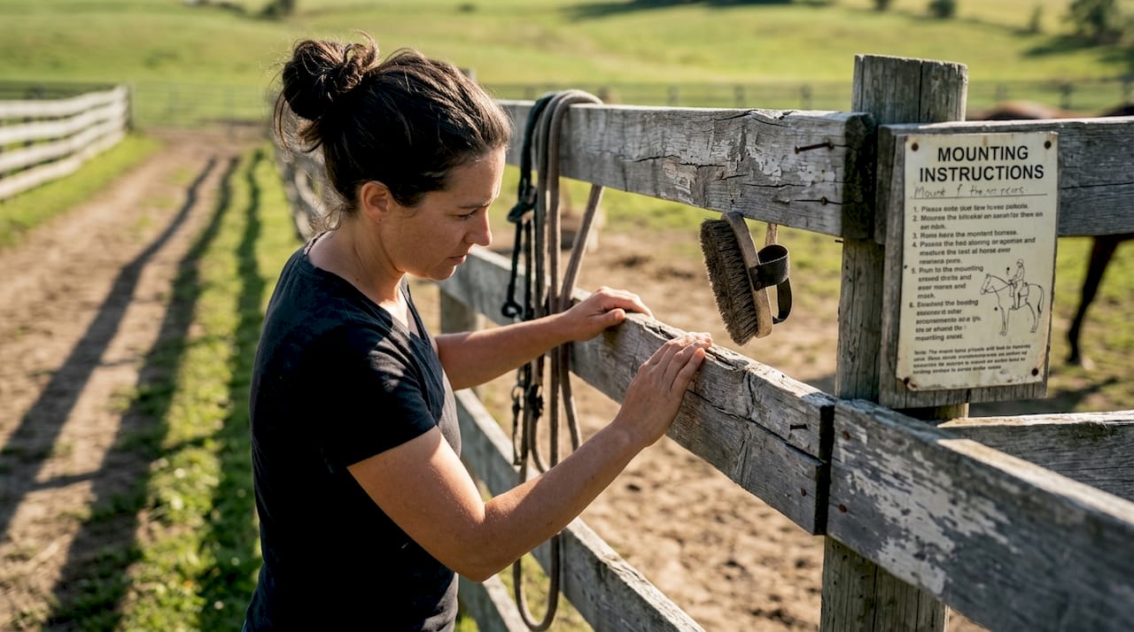 Woman inspecting weathered wood horse fence