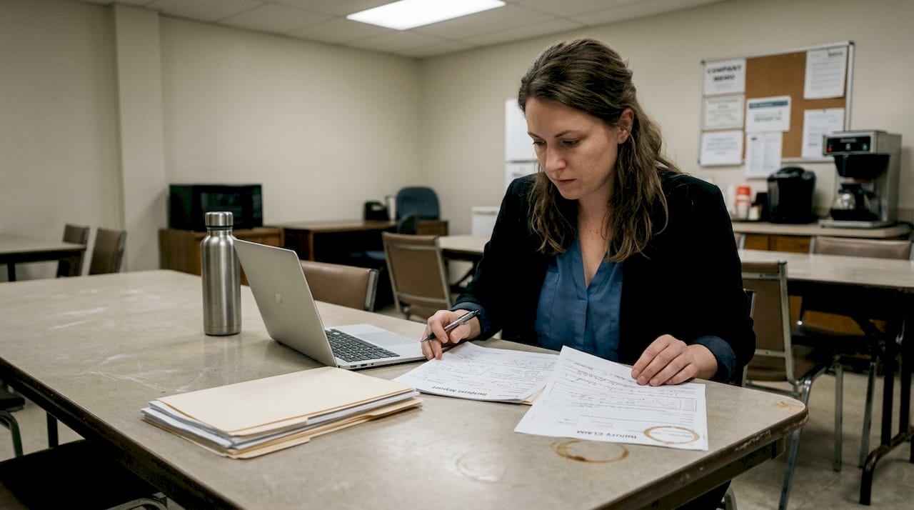 Manager reviewing workplace injury claims paperwork