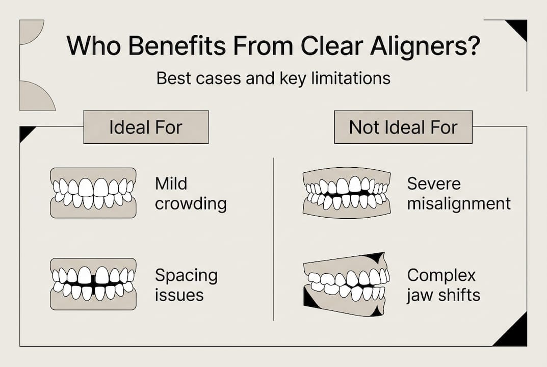 Infographic summarizing clear aligner suitable cases