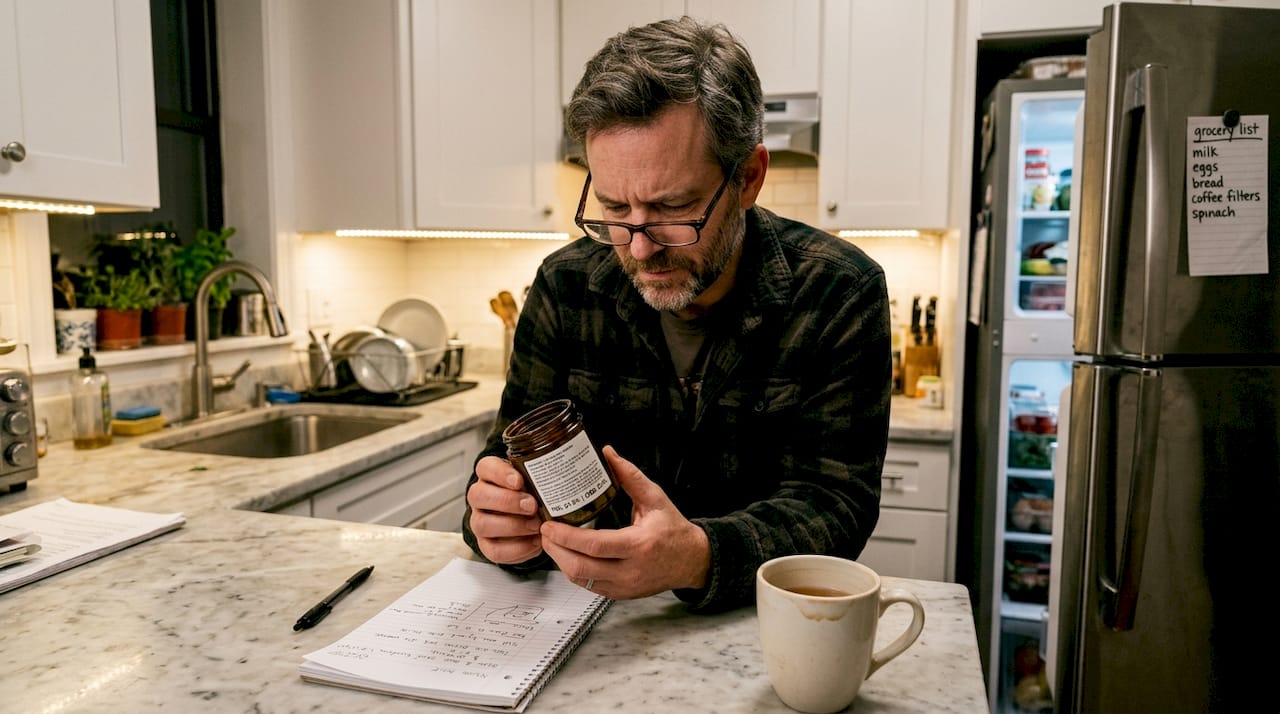 Man studying cannabis flower label in kitchen