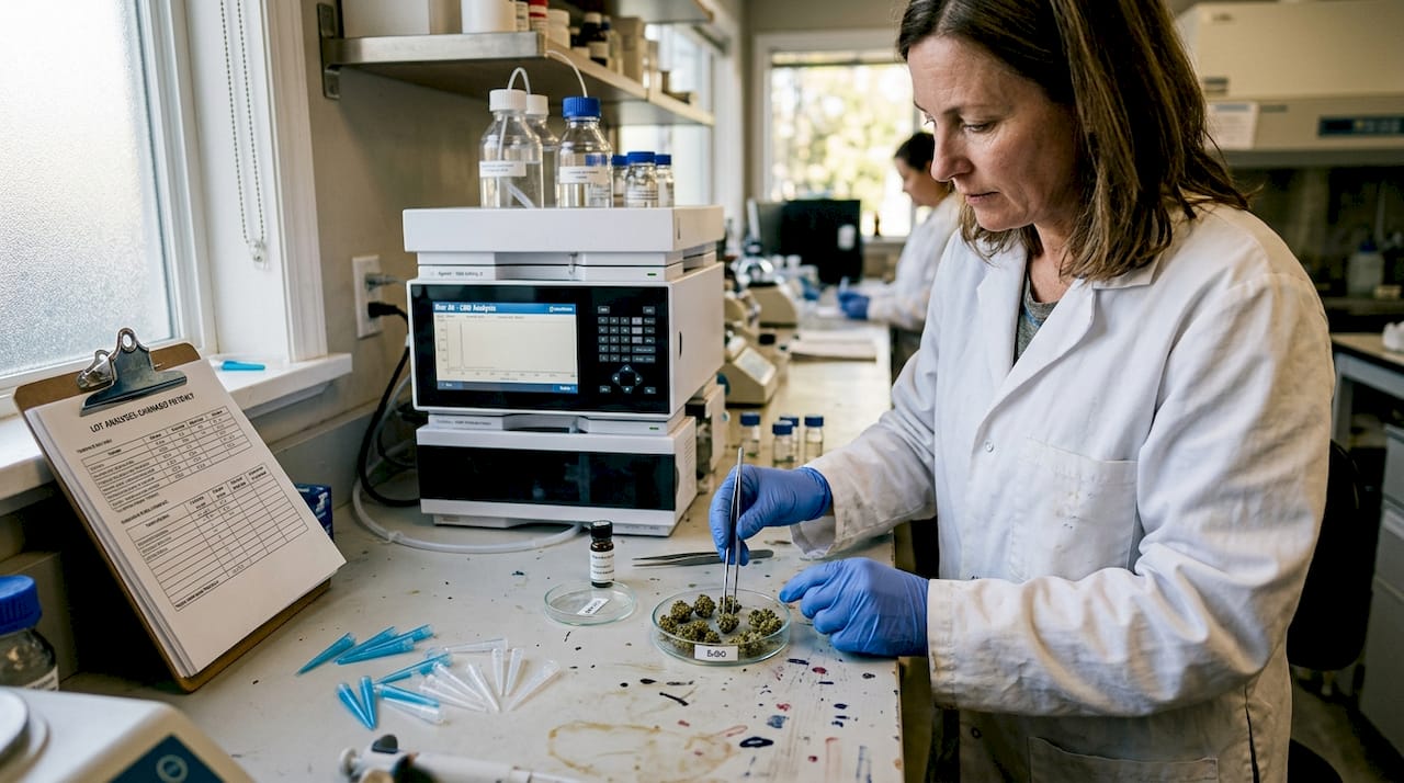 Lab technician testing cannabis with HPLC machine