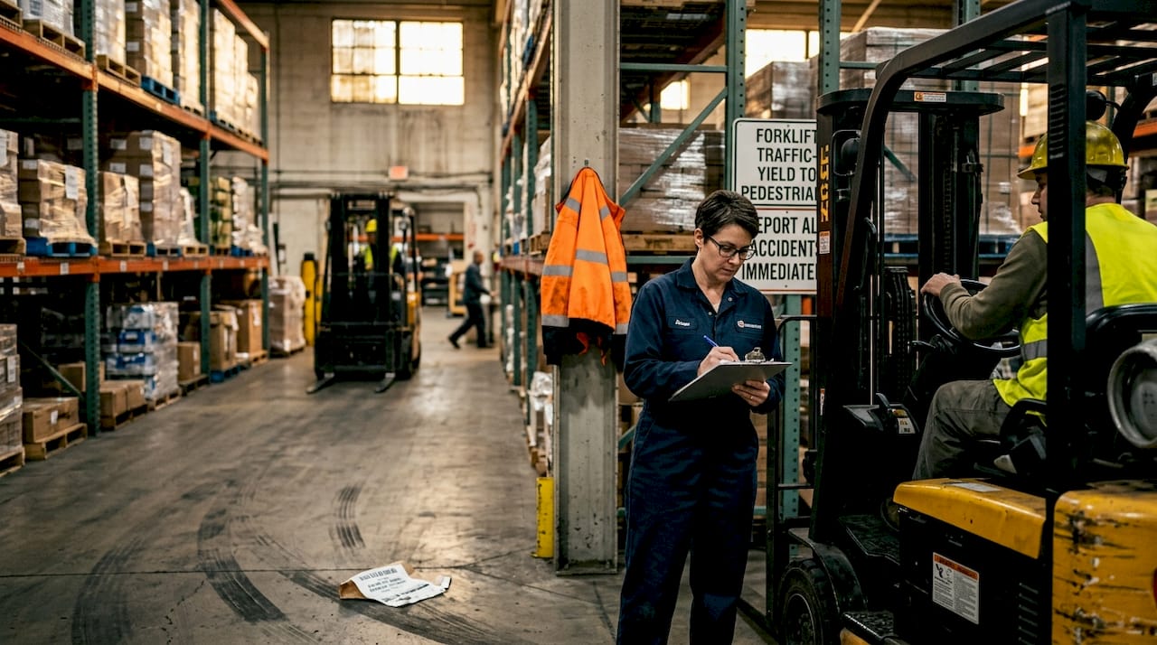 Manager overseeing forklift safety inspection