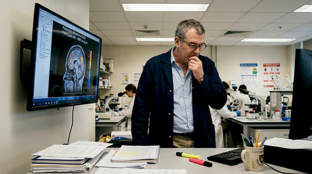 Neuroscientist reviewing psilocybin brain scan