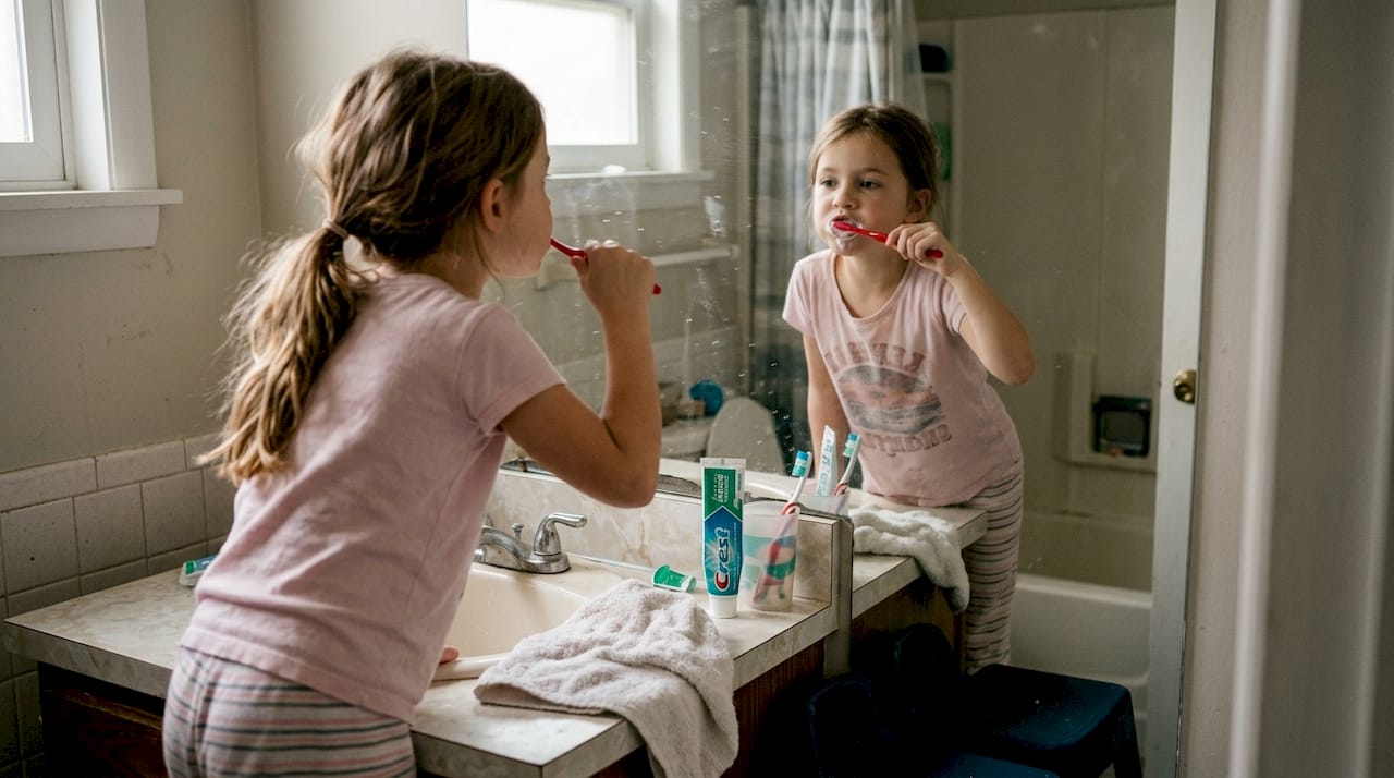 Girl brushing teeth in everyday bathroom