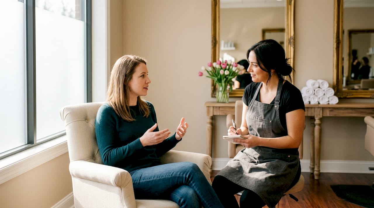 Consultation at upscale salon with client and stylist