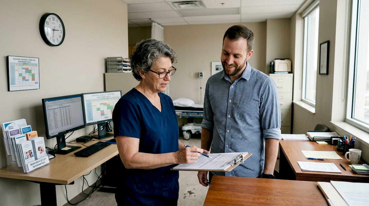 Nurse explains clinical trial procedures