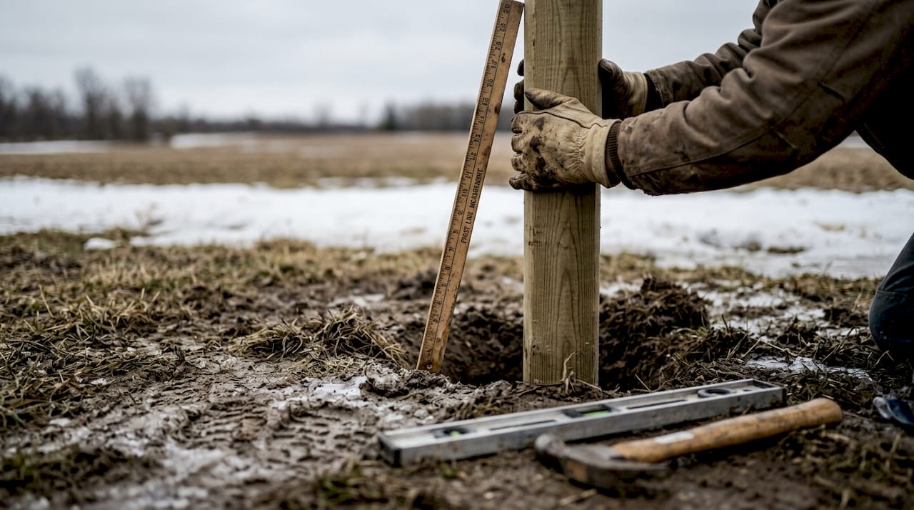 Hands setting fence post below frost line