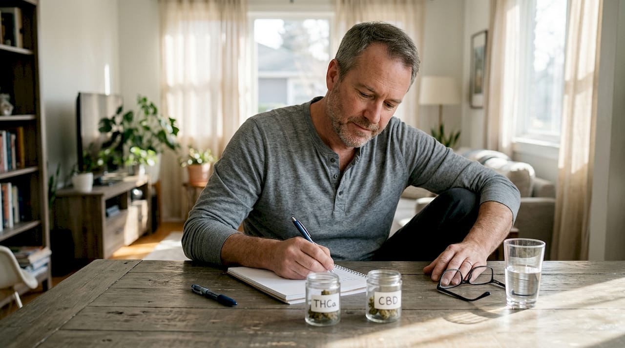 Man comparing THCa and CBD flower jars