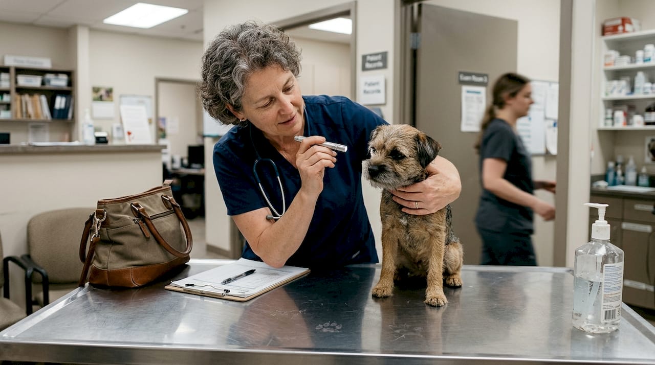 Vet examines dog for cannabis toxicity symptoms