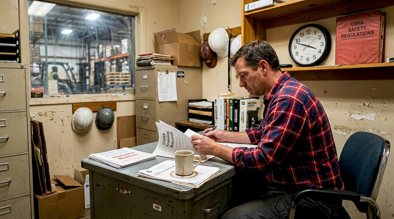 Manager reviewing OSHA forklift violation records
