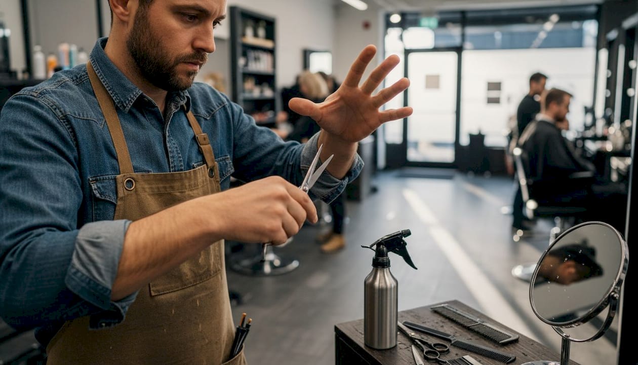 Stylist performing advanced haircut at salon station