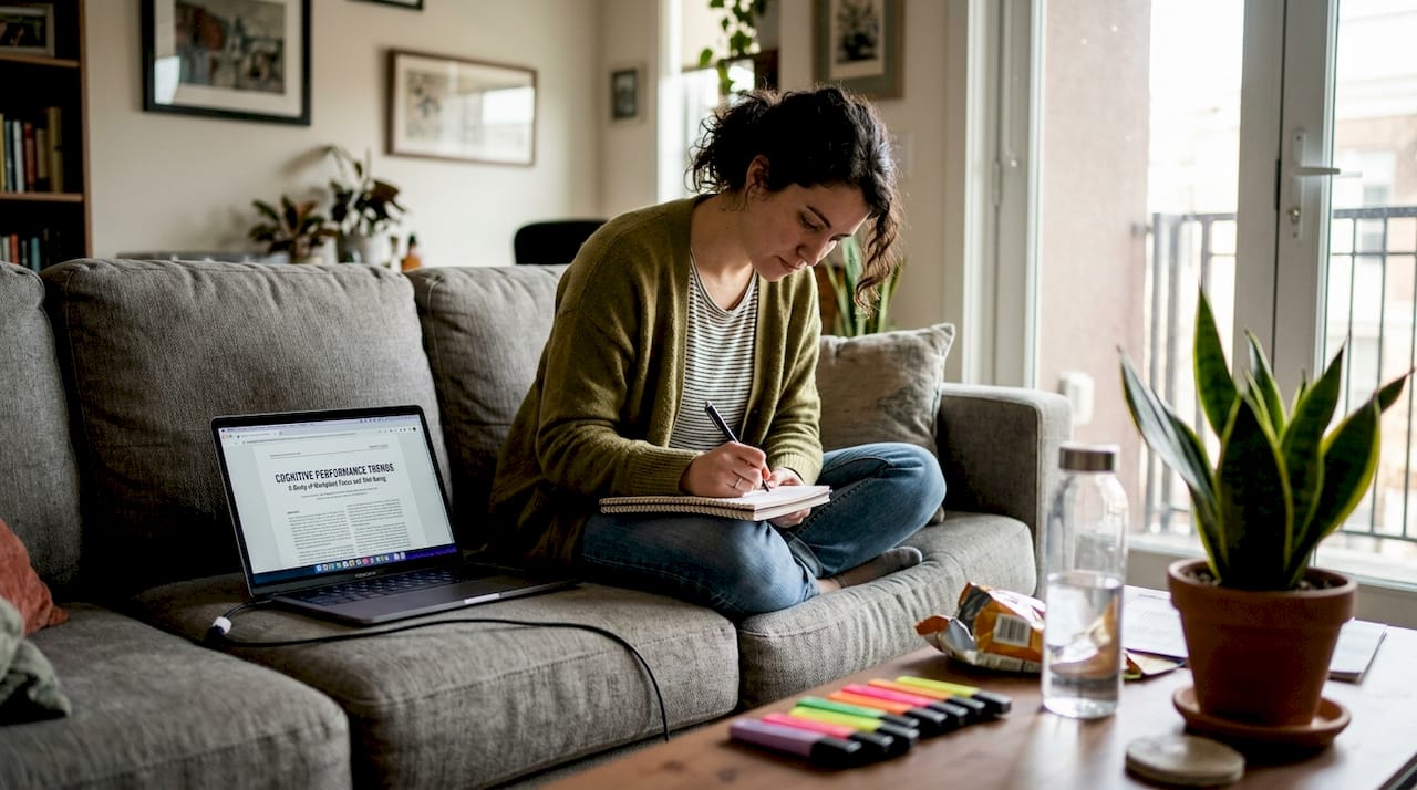 Woman taking microdosing research notes in journal