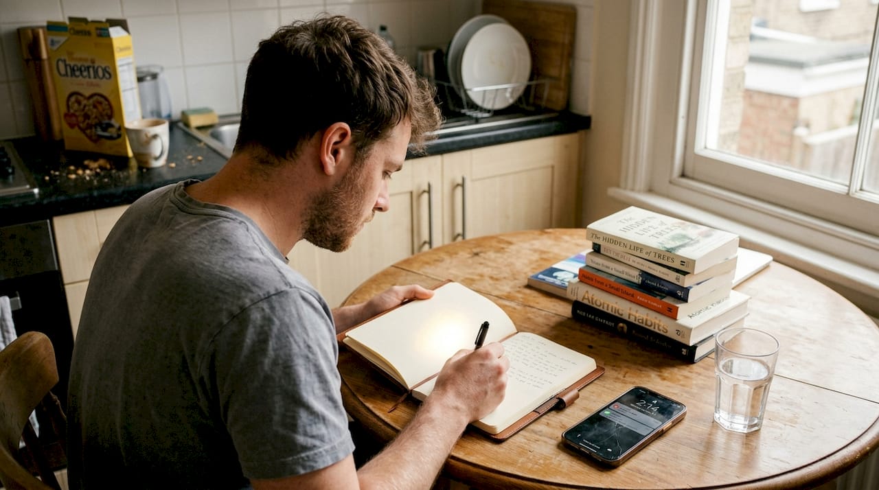 Man journaling at lived-in kitchen table