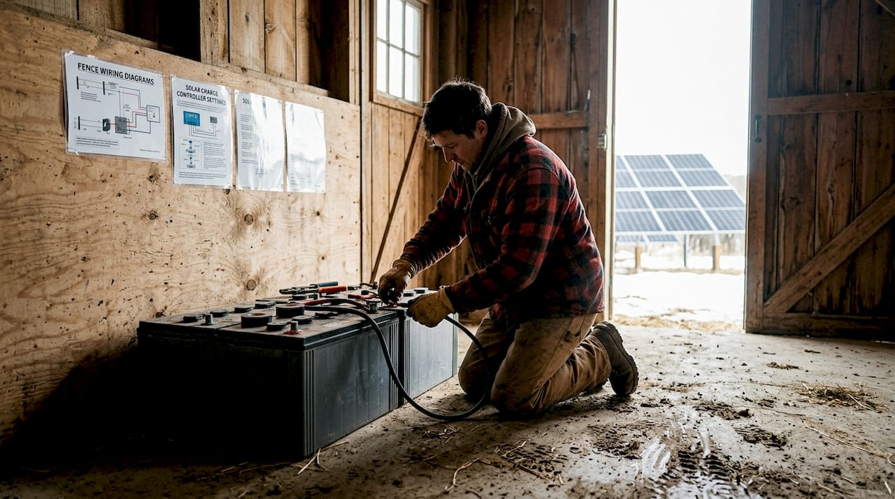 Farmhand installs solar fencing batteries in barn