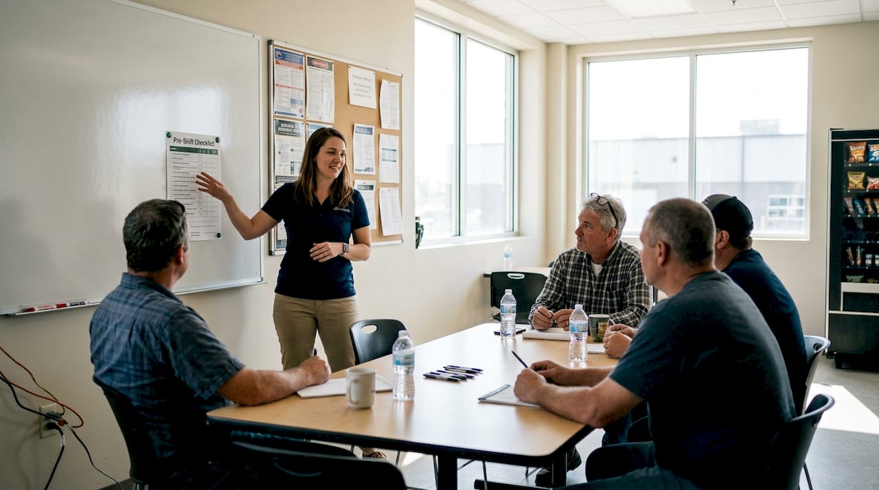 Safety instructor teaching forklift rules in classroom