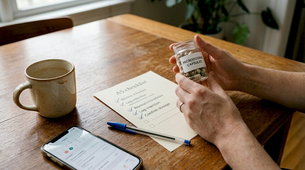 Hands checking mushroom capsule safety checklist
