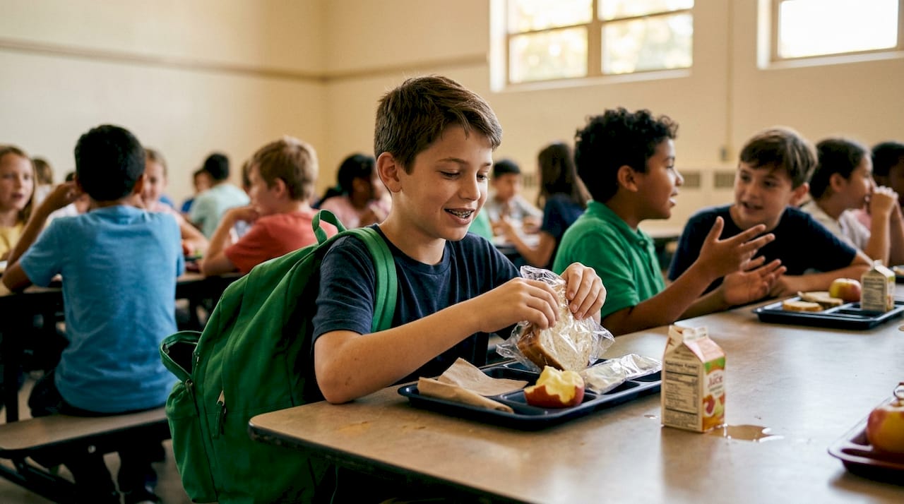 Child with metal braces eating school lunch