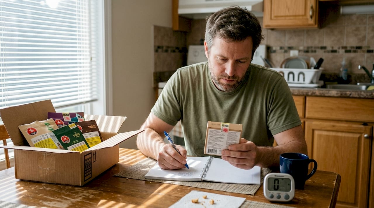 Man reading cannabis edible packaging at table