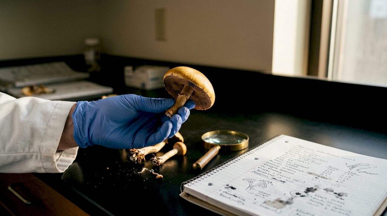 Hand examining Golden Teacher mushroom specimen
