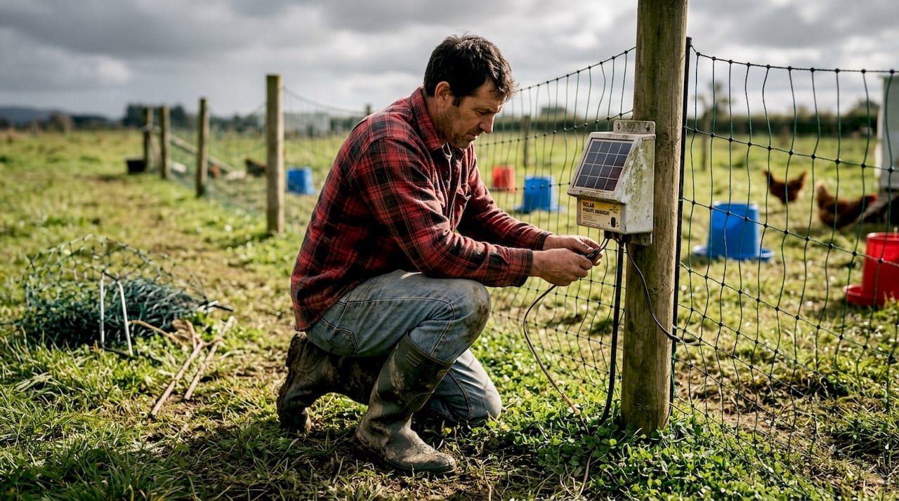 Worker installs electric fence for poultry pen
