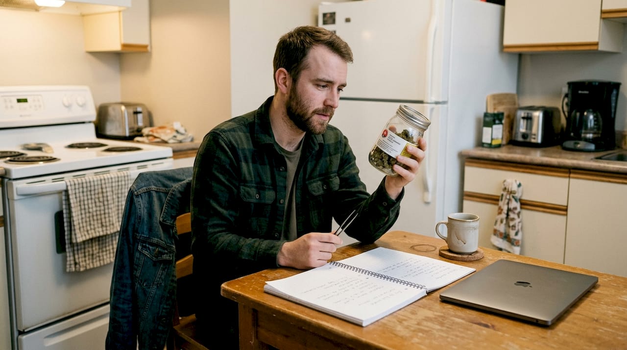 Man comparing cannabis strains at kitchen table